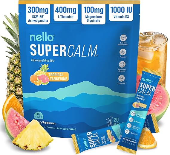 Nello Supercalm Powdered Drink Mix, Cortisol Reducer* and Sleep Aid Supplement, L Theanine, Ksm-66 Ashwagandha, Magnesium Glycinate, Vitamin D 3, No Sugar, Non GMO, 20 Ct, Tropical Tangerine