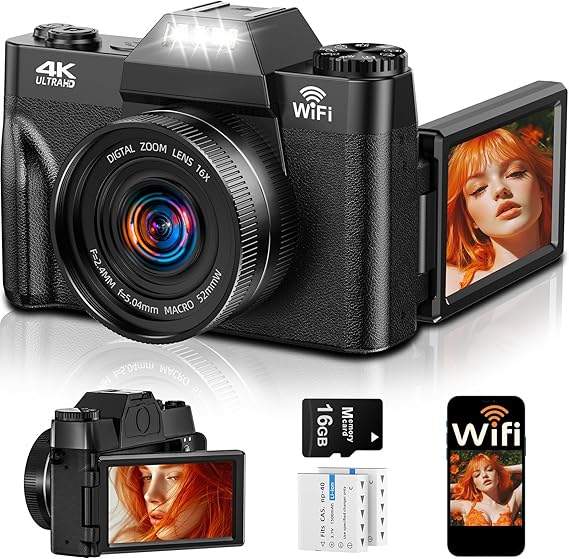 4K 75MP Digital Camera with WiFi, 3" 180° Flip Screen UHD Compact Camera