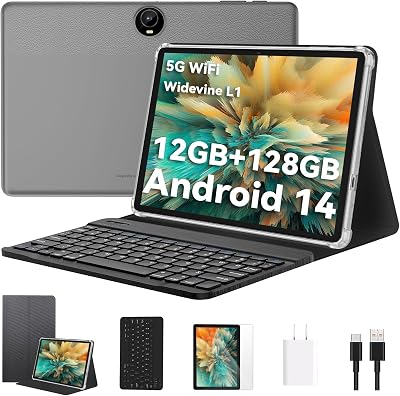 Android 14 Tablet, 11 inch Tablets Octa-Core, Tablet PC with 12GB RAM 128GB ROM 1 TB Expansion, 8000mAh Battery, Fast Charging, GMS Certified, FM, GPS, WiFi, BT 5.0,Dual Camera Black with Keyboard