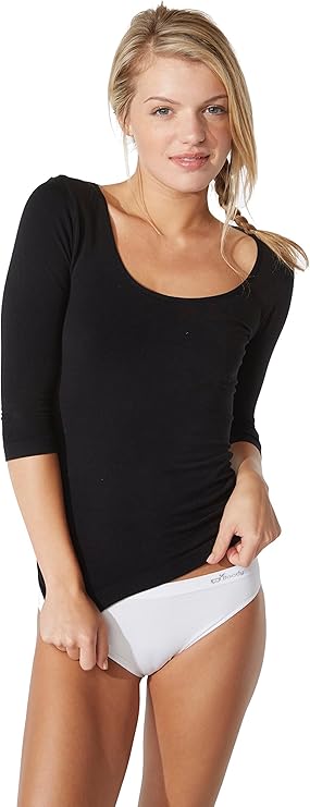 Boody Women's Scoop Neck Top - Long Sleeve Shirts for Women with 3/4 Sleeves, Seamless Long Sleeve Tops for Women - Slim Fit Layering Shirt, Viscose Made From Bamboo for All-Day Comfort - Black, Small