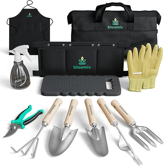 Bloomix 12 Pcs Gardening Tools Set - Heavy Duty Garden Tools Set with Tool Bag, Kneeling Pad, Apron & More Garden Accessories - Stainless Steel Plant Care Kit Supplies, Gardening Gifts for Women Men