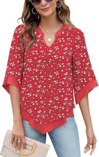 Micoson Womens 3/4 Sleeve Chiffon Blouses V Neck Double Layers Mesh Shirts Flowy Dressy Tunic Tops