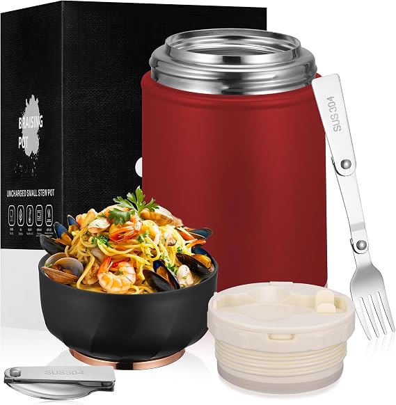 Food Flask for Hot Food, 500ML Stainless Steel Insulated Food Container, Leakproof Soup Flask with Foldable Fork and Spoon, Food Flask for Hot and Cold Meals (Red)