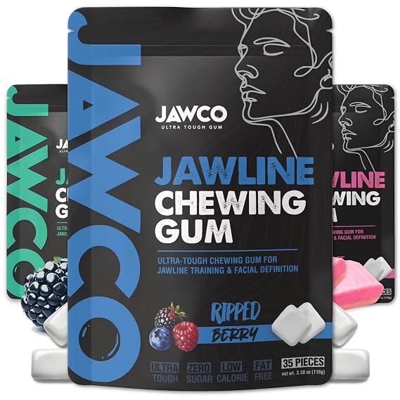 JAWCO Ultra-Tough Jawline Gum Variety 3-Pack | Berry, Mint, Bubblegum | Get a Stronger, Squarer Jawline | 15X Harder than other Gum | Jaw Training Hard Chewing Gum | Chisel & Sculpt your Jawline