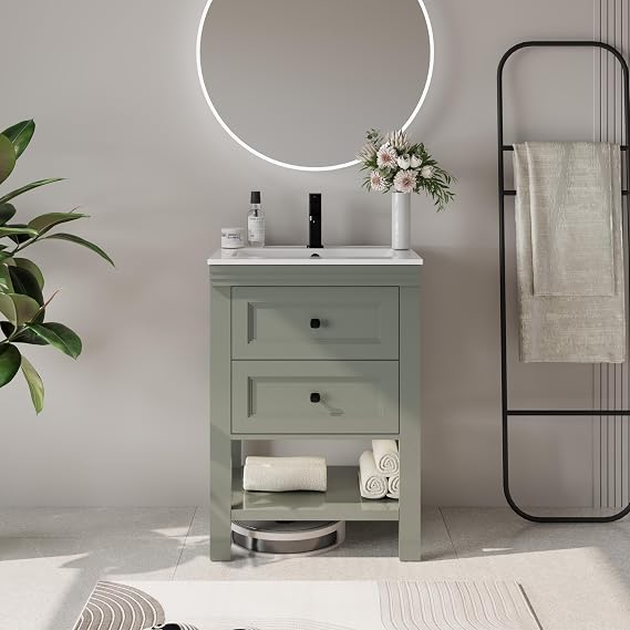 eclife 24" Bathroom Vanity with Sink Combo, Modern Painted Vanities Cabinet with Big Drawers, Opening Bottom Shelf, Raised Foot Pads, Include Undermount White Sink, Faucet & Drain, Green