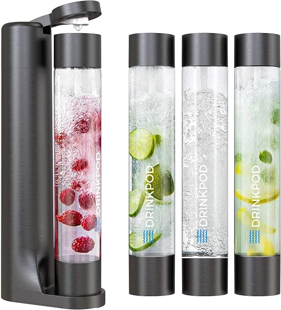 Fizzpod Sparkling Water Maker Soda Maker Infused Fruits Soda Maker Machine for Carbonating with 1L Carbonating Bottle, Seltzer Fizzy Water Maker, Includes 3 x 1l Carbonating Bottle Compatible with 60L