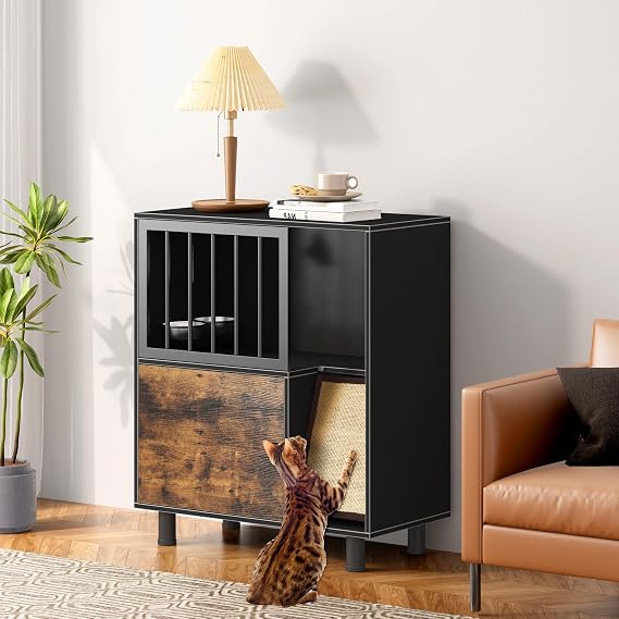 Dog-Proof Wood Cat Feeding Station with Lockable Storage & 2 Removable Stainless Steel Bowls - Anti-Spill Cat Condo with Scratching Board for Indoor Multi-Pet Homes