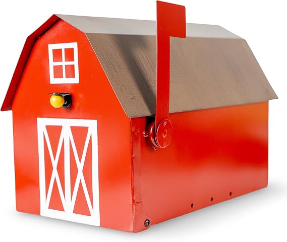 Made Easy Kit Metal Mailbox Animal Design - Fast Straight Forward Post Mounting Bracket Install - Durable All Weather Rust Resistant - Letters, Mail, Small Packages (Standard, Red Farm House)