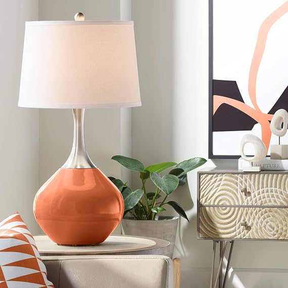 Color + Plus Spencer 31" Large Table Lamp Robust Orange Brushed Nickel | Modern Glass Neck Bedroom Living Room House Bedside Nightstand Home Office Entryway Family White Tapered Drum Shade