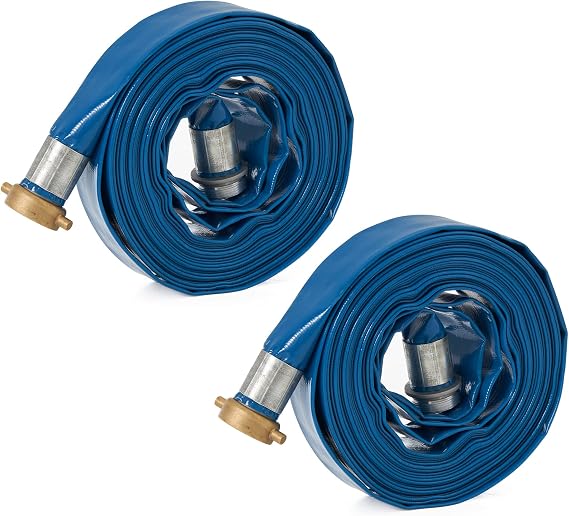 Apache 98138015 1.5" Diameter 50' Length 75 PSI Polyester-Reinforced PVC Lay Flat Pool Sump Pump Hose with Aluminum Pin Lug Connections, Blue (2 Pack)