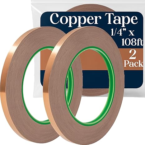 Kraftex Copper Tape [1/4" x108ft, 2PK] Copper Foil Tape for Stained Glass, DIY Crafts, Guitar Shielding, Slug Control & Faraday Projects