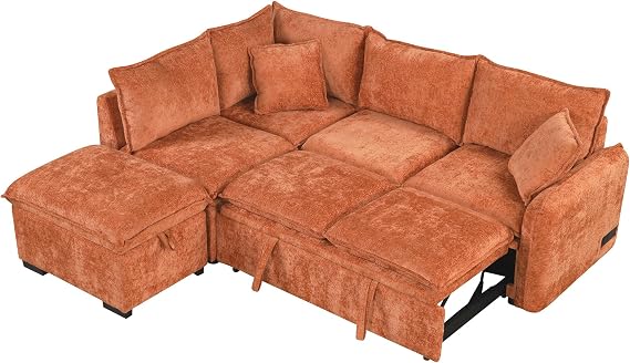 Harper & Bright Designs 82.67" Convertible Sofa Bed Sectional Sofa Sleeper L-Shaped Sofa with a Storage Ottoman,Two Pillows, Two Power Sockets and Two USB Ports for Living Room, Orange