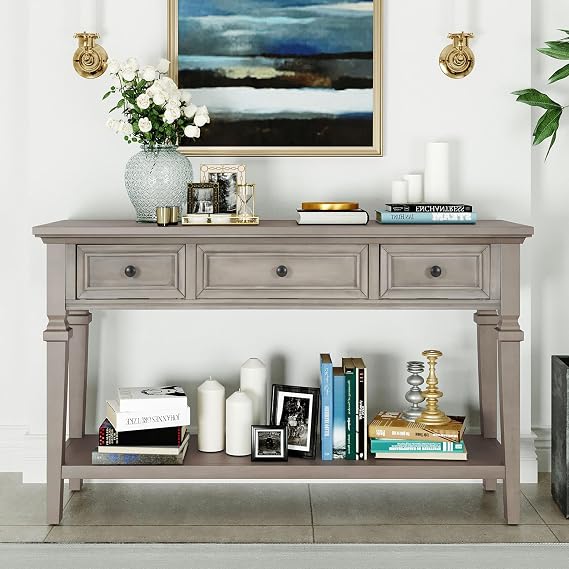 Console Table 50" Classic Retro Style Entryway Table with 3 Storage Drawers and Bottom Shelf Solid Wood Narrow Sofa Side Table for Living Room Hallway Bedroom, Gray Wash