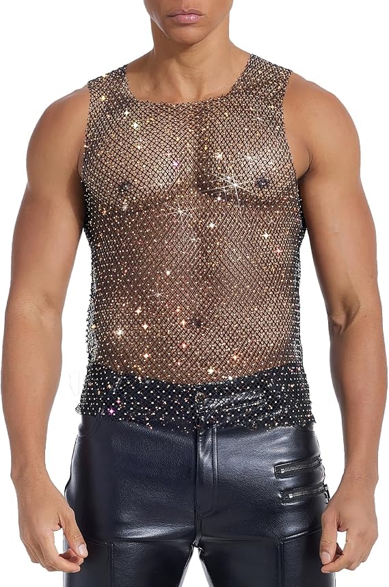 Mens Rhinestone Shirt Sparkly Mesh Black Top, Black Rave Tank Tops for Men Festival Party and Clubwear