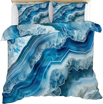 Marble Comforters Queen Size, Stone Texture Bedding Sets, Luxury Blue Duvet Cover, Zipper Closure, 2 Pillowcases, Reversible Print Bedding & Bedroom Decor