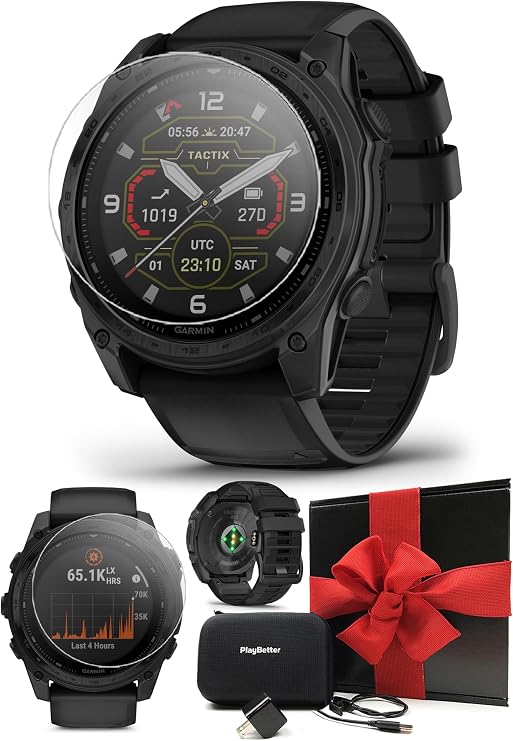 Garmin tactix 8 Solar (51mm) Premium Tactical GPS Smartwatch Gift Box Bundle - Applied Ballistics Ultralight Solver, Built-in LED Flashlight with PlayBetter Screen Protectors, Wall Adapter & Case