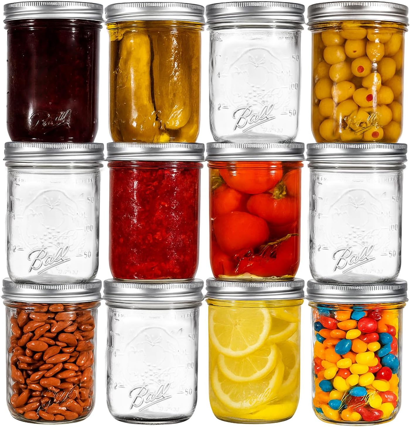 Ball Regular Mouth Mason Jars 8 oz. 12 Pack - Half Pint Size Jars with Airtight Lids and Bands for Canning, Fermenting, Pickling, Meal Prep or DIY Decors and Projects Bundled with Peaknip Jar Opener
