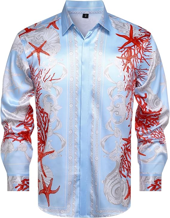 Mens Luxury Print Dress Shirt Long Sleeve Button-Down Shirt