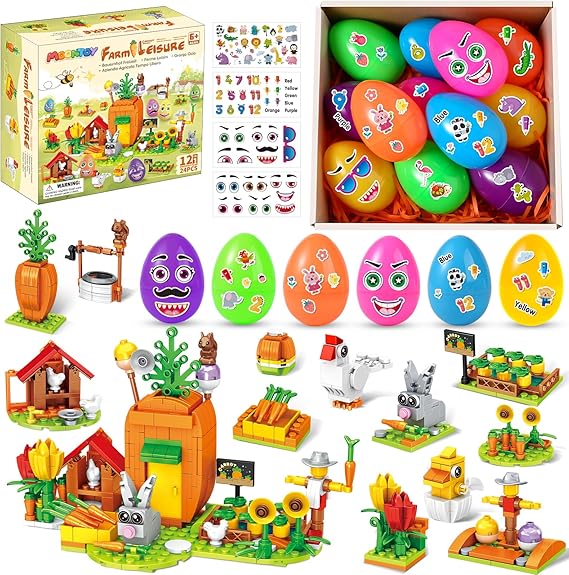 MOONTOY Party Favors for Kids, 12 Prefilled Eggs with 12-in-1 Building Toy & 4 Stickers, Carrot Farm with Bunny Tulips, DIY Birthday Gifts, Goodie Bag Stuffers, Classroom Prizes for Boys Girls Ages 6+