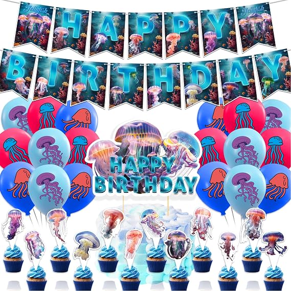 Jellyfish Birthday Party Decorations Jellyfish Party Supplies Includes Under the Sea Jellyfish Birthday Banner Cake Topper Cupcake Toppers Balloons for Ocean Party Wedding Baby Shower Decorations