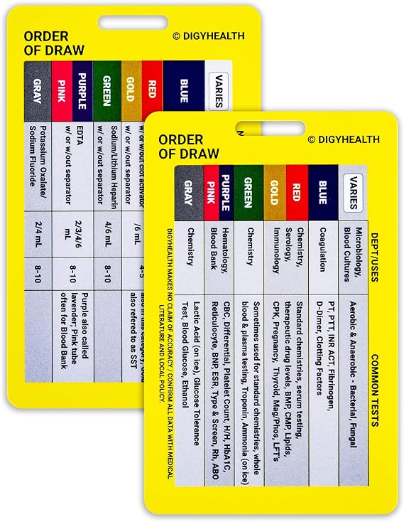 Vertical Order of Draw Badge Card for Phlebotomy Order of Blood Draw Card for Nurses, Nursing Clinicians and RN Students Phlebotomy Draw Order Cheat Sheet Durable and Reliable
