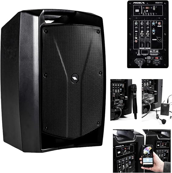 Proel V12WAVE - 600w Professional 2-Way Active Audio Monitor Speaker + 3-Channel Mixer and Media Player, Black
