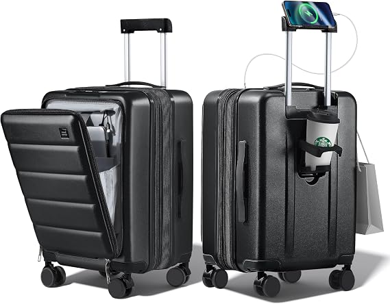 24 Inch Expandable Luggage Check In - Front Pocket Hardside Travel Suitcase Unbreakable -with Cup Holder,USB Charge,Side Pothook, 360Spinner Wheels, TSA Lock, Black