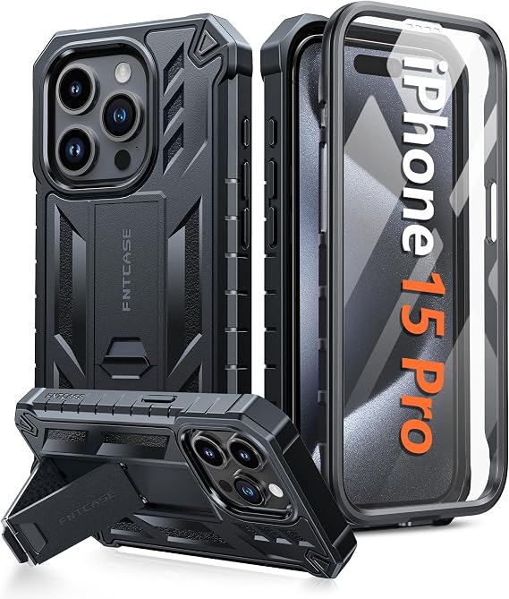 FNTCASE for iPhone 15 Pro Case, Built-in Screen Protector, Kickstand Black
