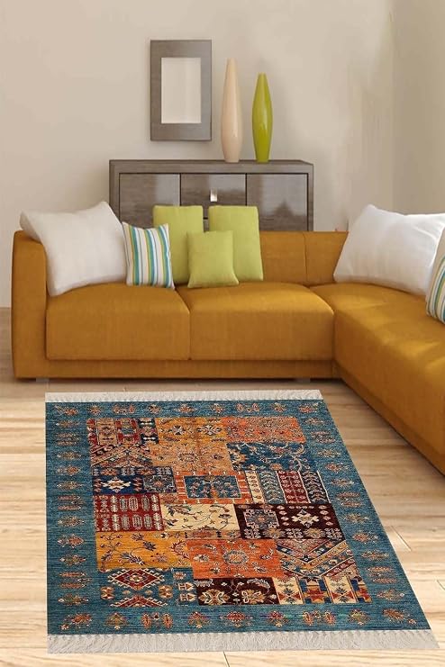 Pelangi Kırkyama Patchwork Kilim Desenli Etnik Dijital Baskı Yıkanabilir Modern Salon Halı Ve Yolluk, Petrol-Turuncu 160 x 230