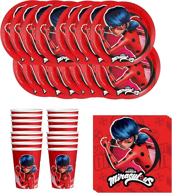 Anila's Party Set Miraculous Ladybug, 52-Piece Set, Plates, Cups, Napkins, Disposable Tableware, Tableware Set.
