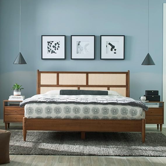 Mid Century Cane Solid Wood Queen Size Bed with a Brushed Walnut Finish