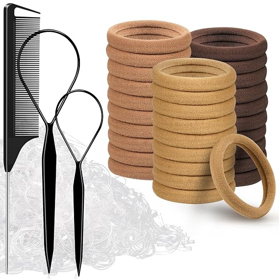 Hair Ties for Women, TsMADDTs 30 Cotton Seamless Ties for Thick Hair, 500 Clear Elastic Bands, 2 Loop Tools and 1 Comb