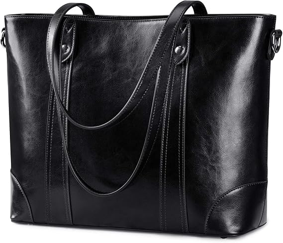 S-ZONE Leather Laptop Tote Bag Large Shoulder Bag with Padded Compartment