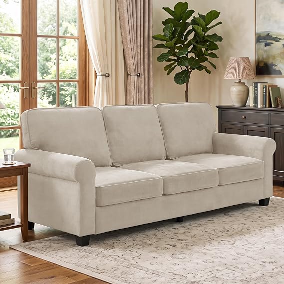 Kingfun Chenille Standard Sofa with Rolled Arms,Khaki