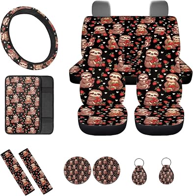 Cartoon Sloth Strawberry 12 PCS Car Seat Full Set Car Seat Protector Steering Wheel Cover Seat Belt Covers Armrest Cushion Car Coasters Keychain