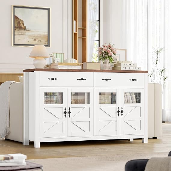 FirFurd Sideboard 140cm Kitchen Sideboard Storage Cabinet Kitchen Buffet Cabinet with 4 Glass Doors 2 Drawers Adjustable Shelves Living Room Dining Room Furniture 140x40x90cm White+Brown