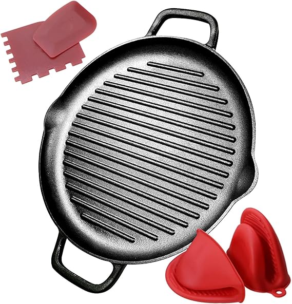 12.6" Cast Iron Grill Pan, Pre-Seasoned Skillet with Dual Handles