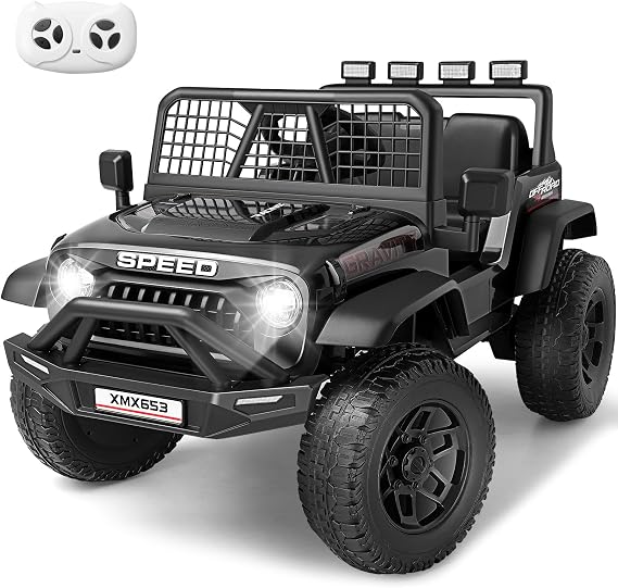 Hikole 12V Ride on Car with Remote Control, Toddler Electric Car, Kid-Car, Power Wheel, Shock Springs, Fast/Slow Speeds, Driving/Reverse, LED Light/Music/Horn/Bluetooth, 1 Wide Seat, Black