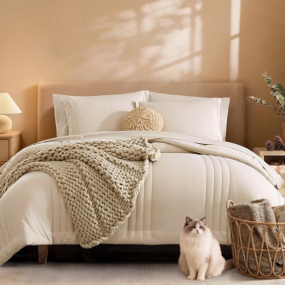 Monbix Queen Comforter Sets,Queen Bedding Set 7 Pieces, All Seasons Comforters,Fluffy Bed Set Warm Bed in A Bag Queen with Sheets(Apricot Beige, Queen, 90''x90'')