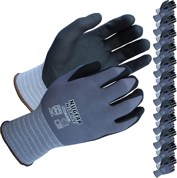 Nugear NBK3416 Safety Work Gloves-12 Pairs, MicroFoam Nitrile Coated Work Gloves, Nylon Gloves, Firm Grip Working Gloves