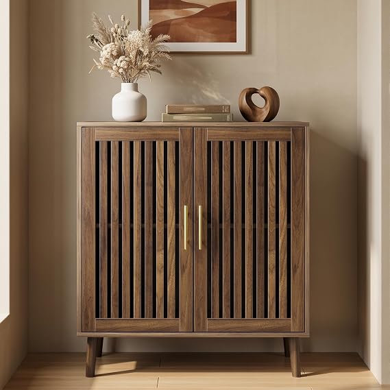 Smart FENDEE Sideboard Cabinet, Farmhouse Buffet Cabinet with Slatted Doors & Adjustable Shelf, Coffee Bar Storage Cabinet for Kitchen, Dining Room, Living Room, Entryway, Walnut, 80cm Wide