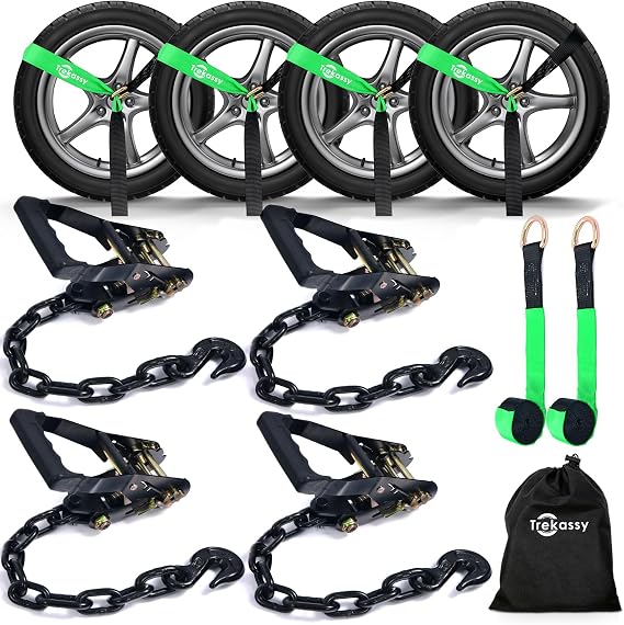 Trekassy Car Tie Down Straps for Trailers, 6 Pack 96" Tire Straps (2 for Replacement), 4 Pack Ratchets with Chain Anchors, 10,000lb Break Strength
