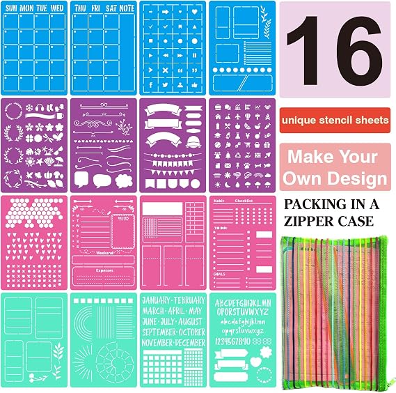 Ultimate Productivity Journal Stencil Set for Dotted Journals-A5 Dotted Planners Calendars Habit Record Bullet Dotted Journal Planners, DIY Templates to Create Calendars, Lists, Letters, Numbers