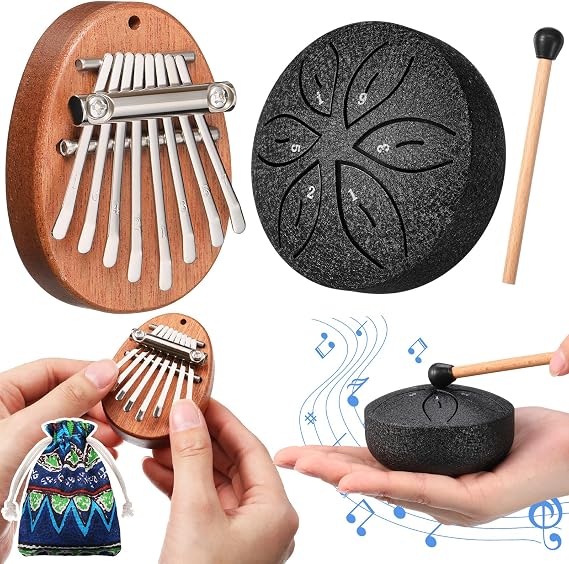 2 Pcs Mini Kalimba and Tongue Drum Set 8 Keys 6 Notes,Black