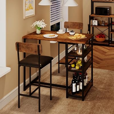 3-Piece Bar Table and Chairs Set with 3 Tier Storage Shelves, Dining Table Set for 2 with PU Cushion Bar Chairs & & MDF Board Top, Tall Kitchen Breakfast Nook Small Space, Apartment, Rustic Brown