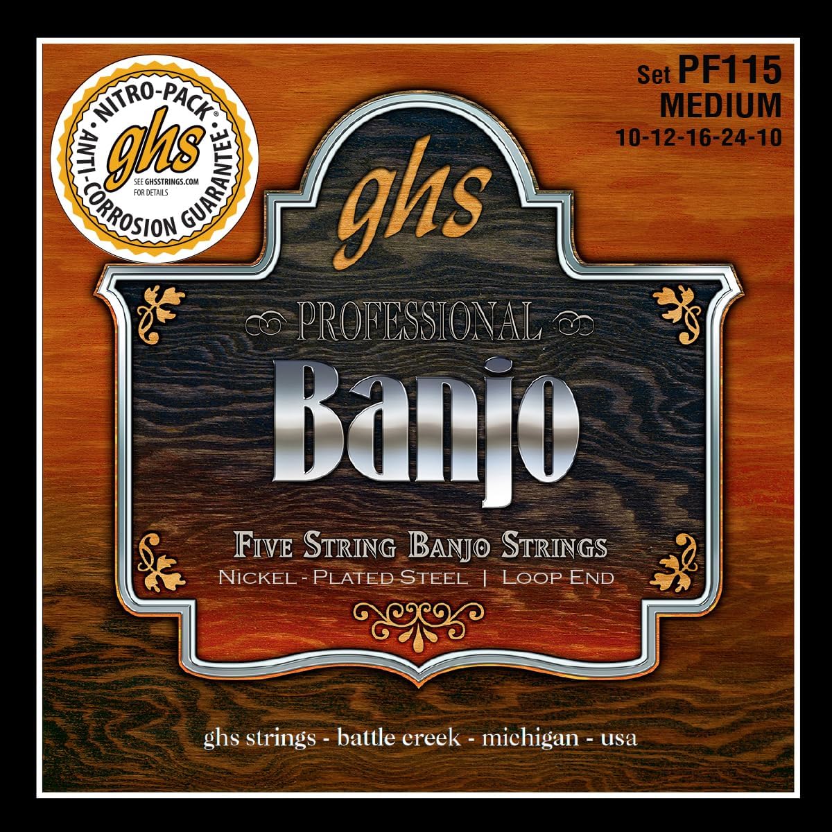 GHS Strings - 5-String Banjo Strings - Nickel-Plate - Medium Gauge - 010-024 - Model: PF115 SET