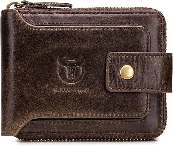 BULLCAPTAIN Men Zipper Around Wallet Genuine Leather RFID Blocking Bifold Large Capacity Coin Purse with ID Window