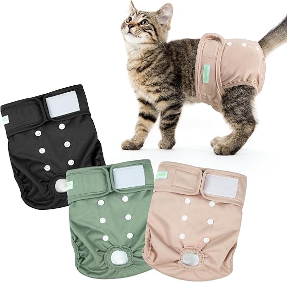 Wegreeco Cat Diapers, Cat Diapers for Male Female Cats Spraying Incontinence, Reusable Adjustable Highly Absorbent (3 Pack, Small)