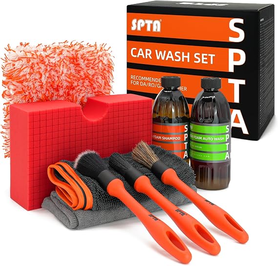 SPTA Car Wash Kit, Clean & Car Wash Kit (9 Items, Including 2-16oz. Car Wash Shampoo, 1Pc Microfiber Mitts,1Pc Red Car Wash Sponge, 2Pcs 16"x16" Microfiber Detail Towels and 3Pcs Car Detail Brush