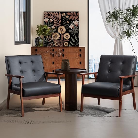 STHOUYN Accent Chairs Set of 2, Leather Chair with Wood Frame (2)